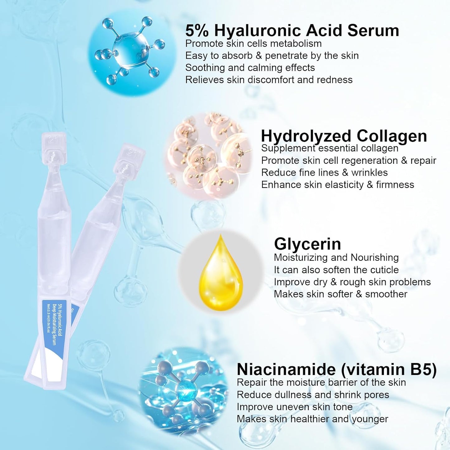 Ultra-Hydrating Serum 5% Hyaluronic Acid Smoother Skin|Pre-makeup SkinCare|Anti-Aging serum for face Single-Use Vials Skincare | Hyaluronic Acid Tubes for Sensitive skin|4D Hyaluronic Acid(1.2 ml)*30